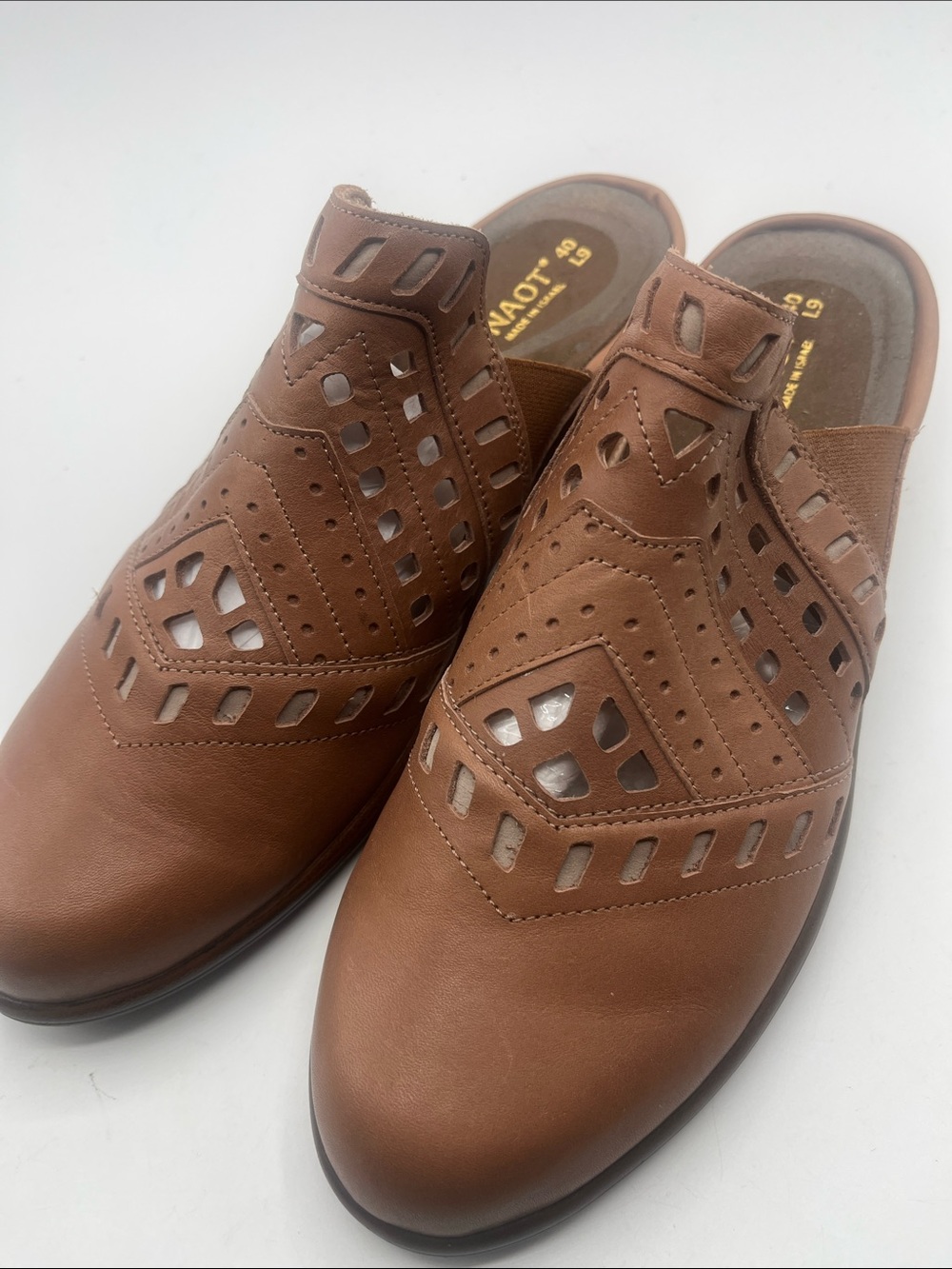 Naot Tan Leather Slip-On Mules with Perforated Geometric Detail